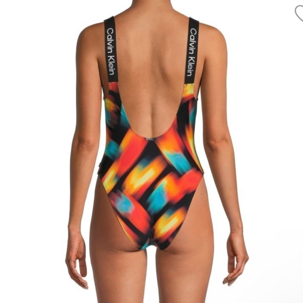 CALVIN Klein Black Multi Abstract Print Scoopneck One Piece Swimsuit sz Medium - Picture 2 of 5